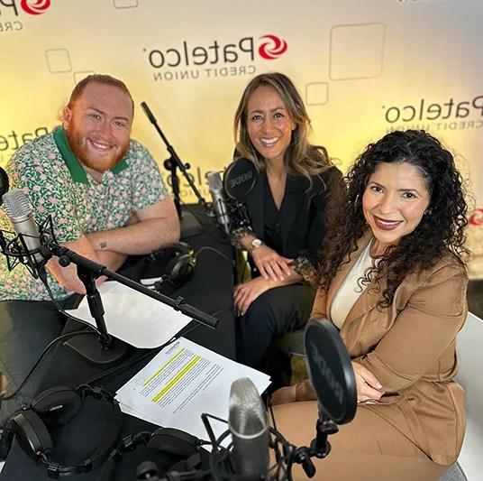 Patelco Employees Michele Enriquez, Alexia Razo Urbego, and Andrew Farrell at the podcast desk.